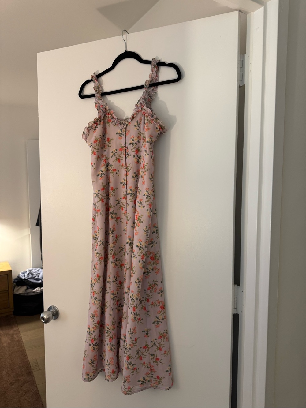 Lovers + Friends Blush Floral Midi Dress with Ruffle Straps